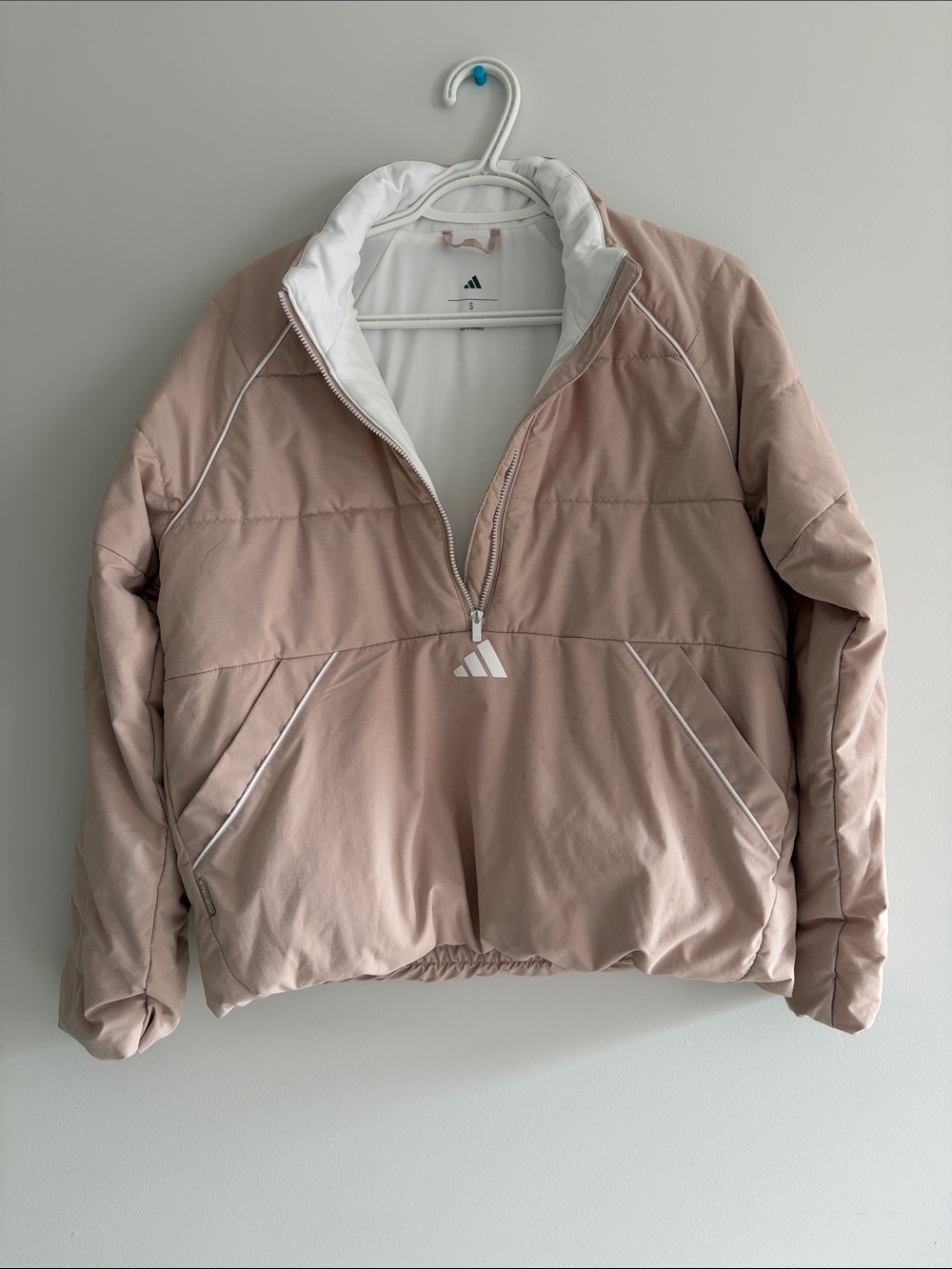 adidas Women's Blush Pink Half-Zip Puffer Jacket with kangaroo pocket